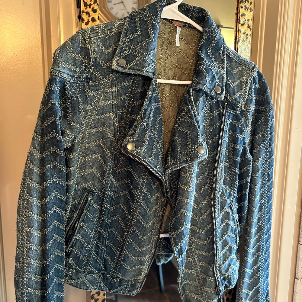 Free People Blue Jean Jacket with Textured Design